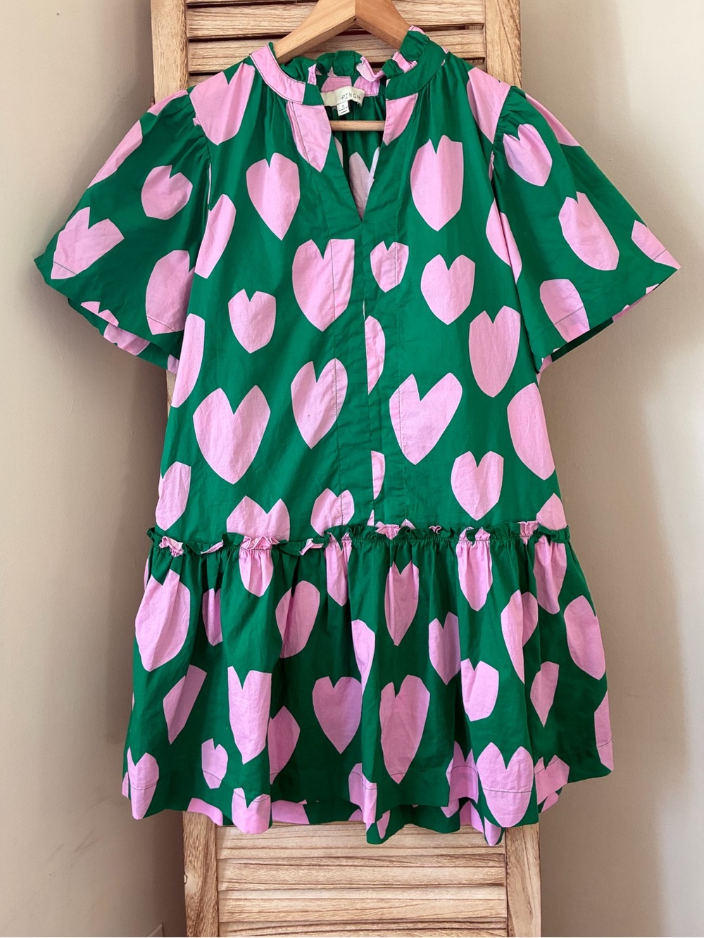 Pinch Women Green Pink Heart Print Cotton Ruffle Mini Dress Small Cottagecore